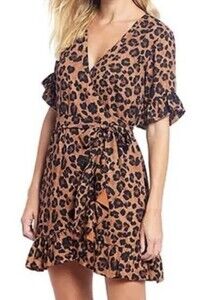 Gianni Bini Dress Womens Size Small Brown Leopard Print Wrap V-Neck Ruffle Hem